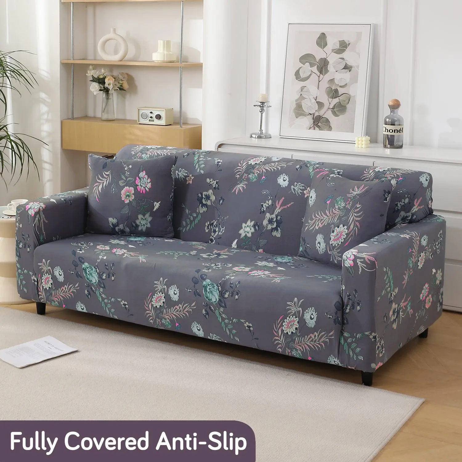 Bentonite Grey Budding Florals Printed Elastic Sofa Cover