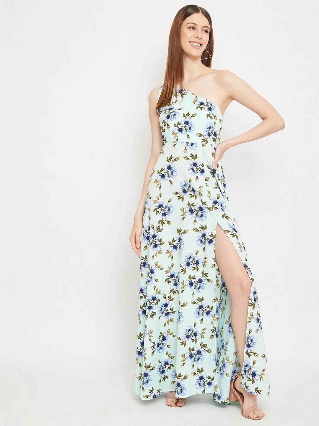 Berrylush Women Green Floral Printed One-Shoulder Maxi Dress