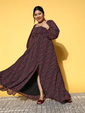 Berrylush Women Plus Size Black & Fuchsia Floral Printed Square Neck Thigh-High Slit Fit & Flare Maxi Dress