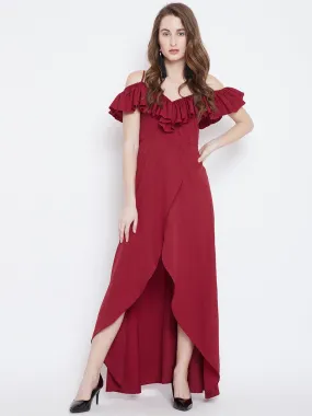 Berrylush Women Solid Red V-Neck Tulip Hem Crepe Ruffled Maxi Dress