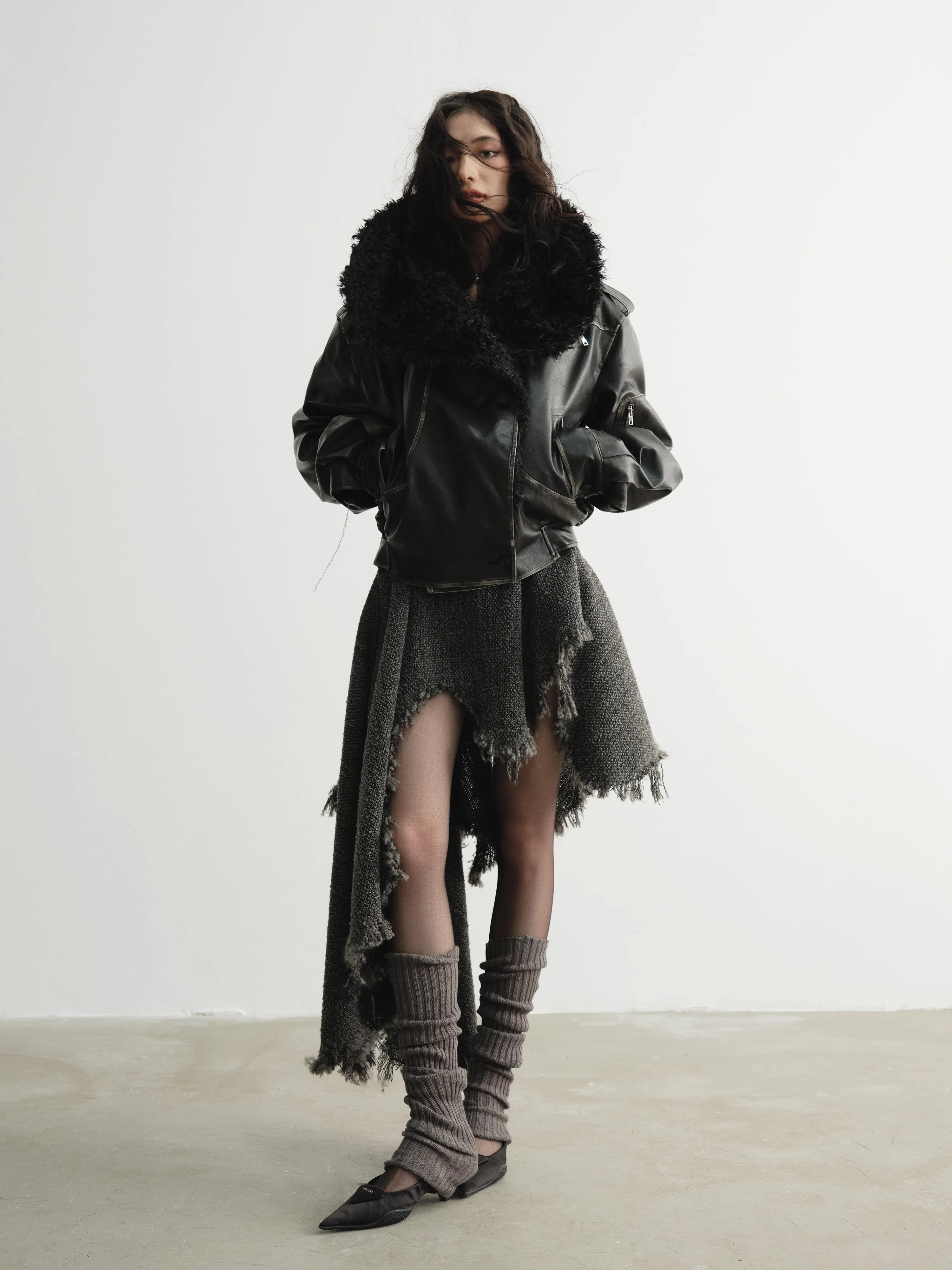 big fur collar PU leather jacket