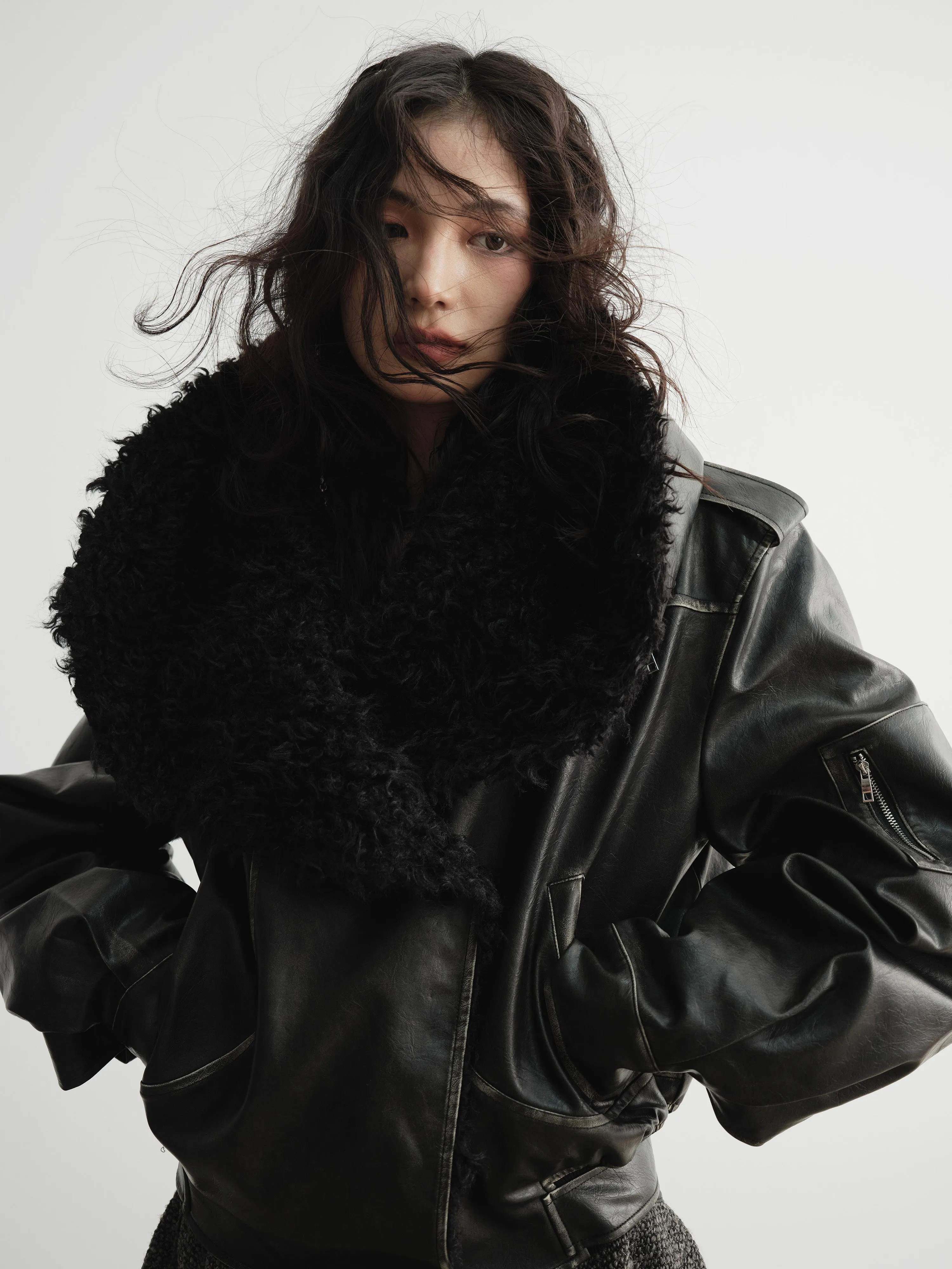 big fur collar PU leather jacket