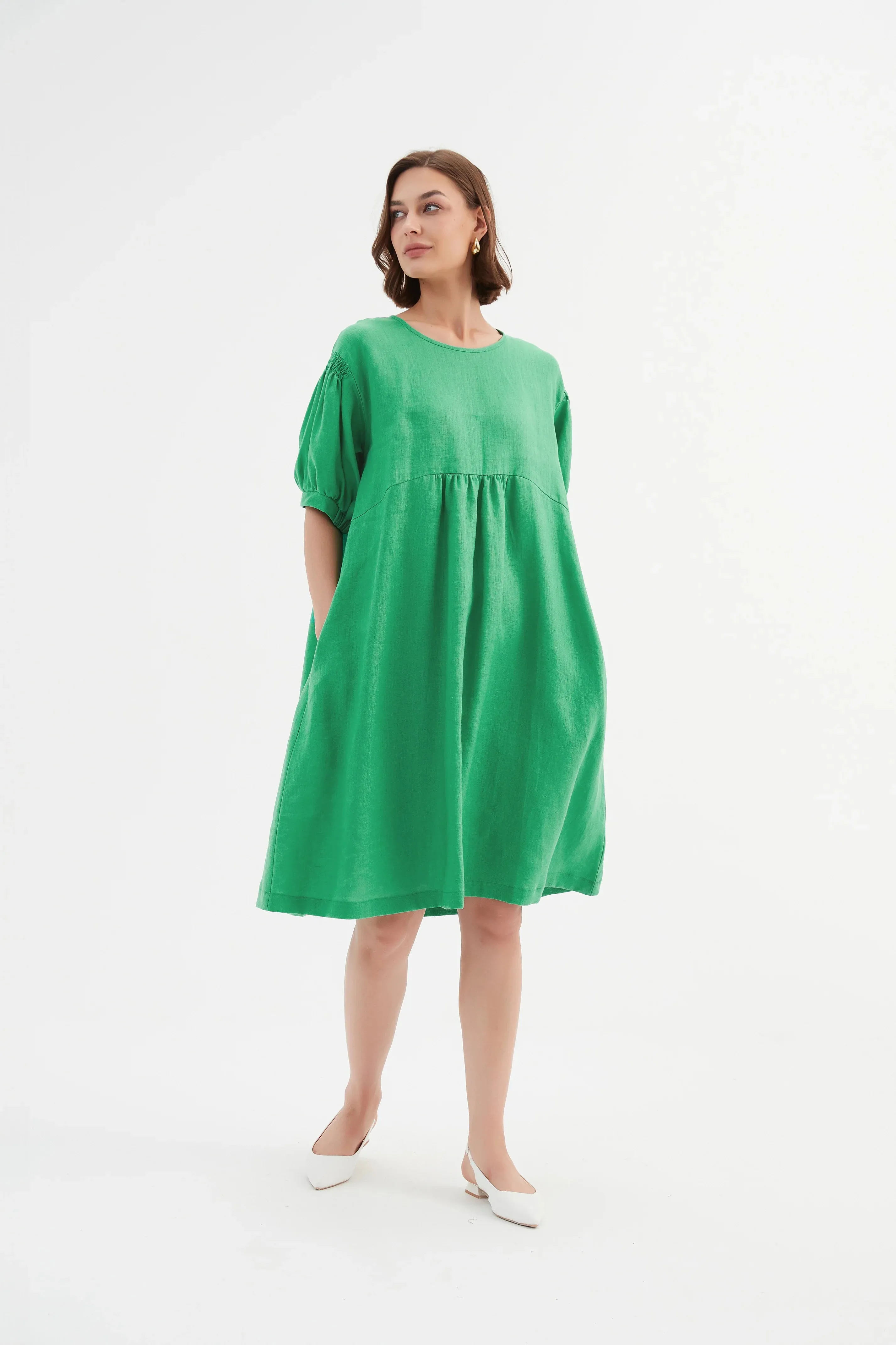 Bishop Sleeve Shirring Dress