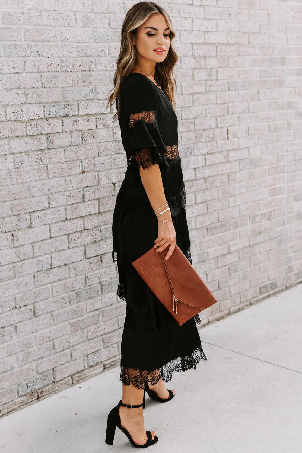 Black Deep V Neck Lace Patch Midi Dress