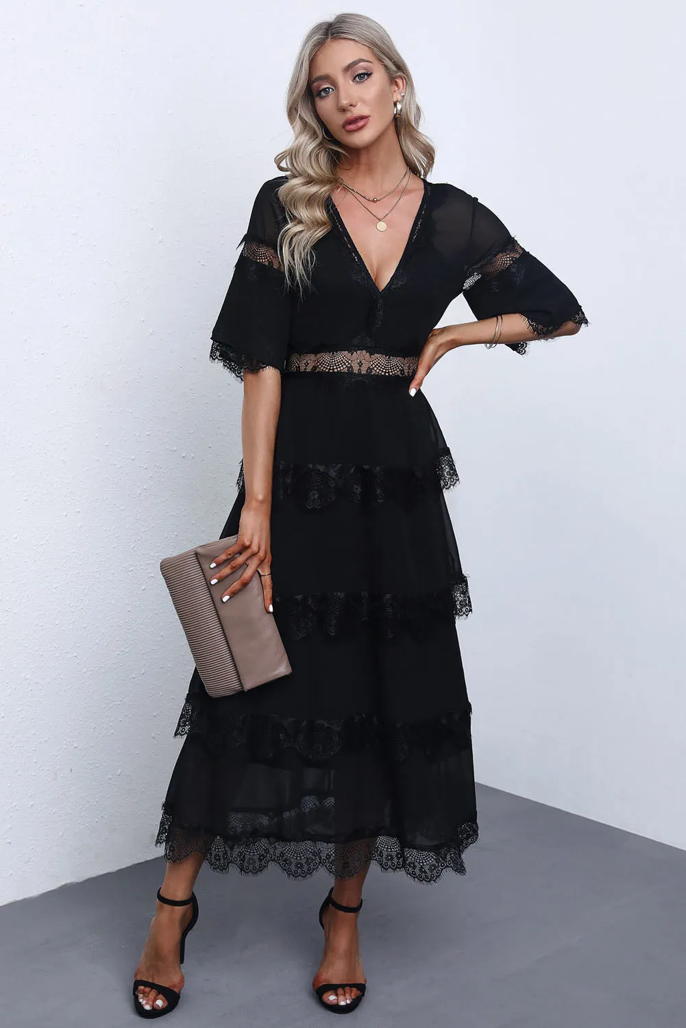 Black Deep V Neck Lace Patch Midi Dress