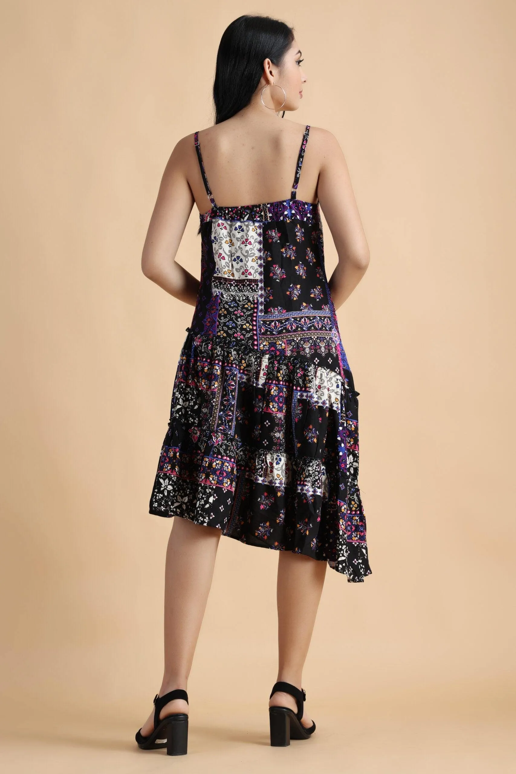 Black Floral Patch Printed Asymmetric Dress