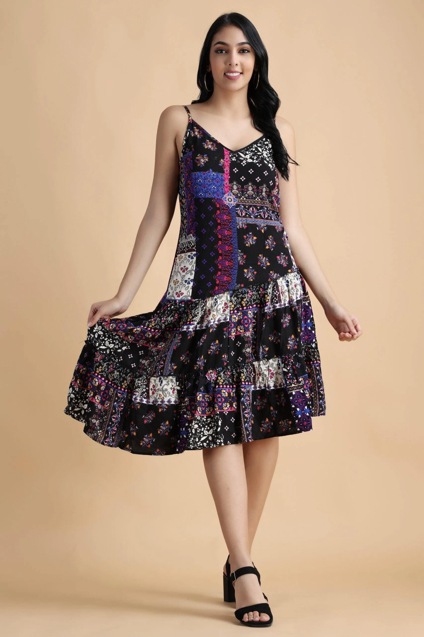 Black Floral Patch Printed Asymmetric Dress