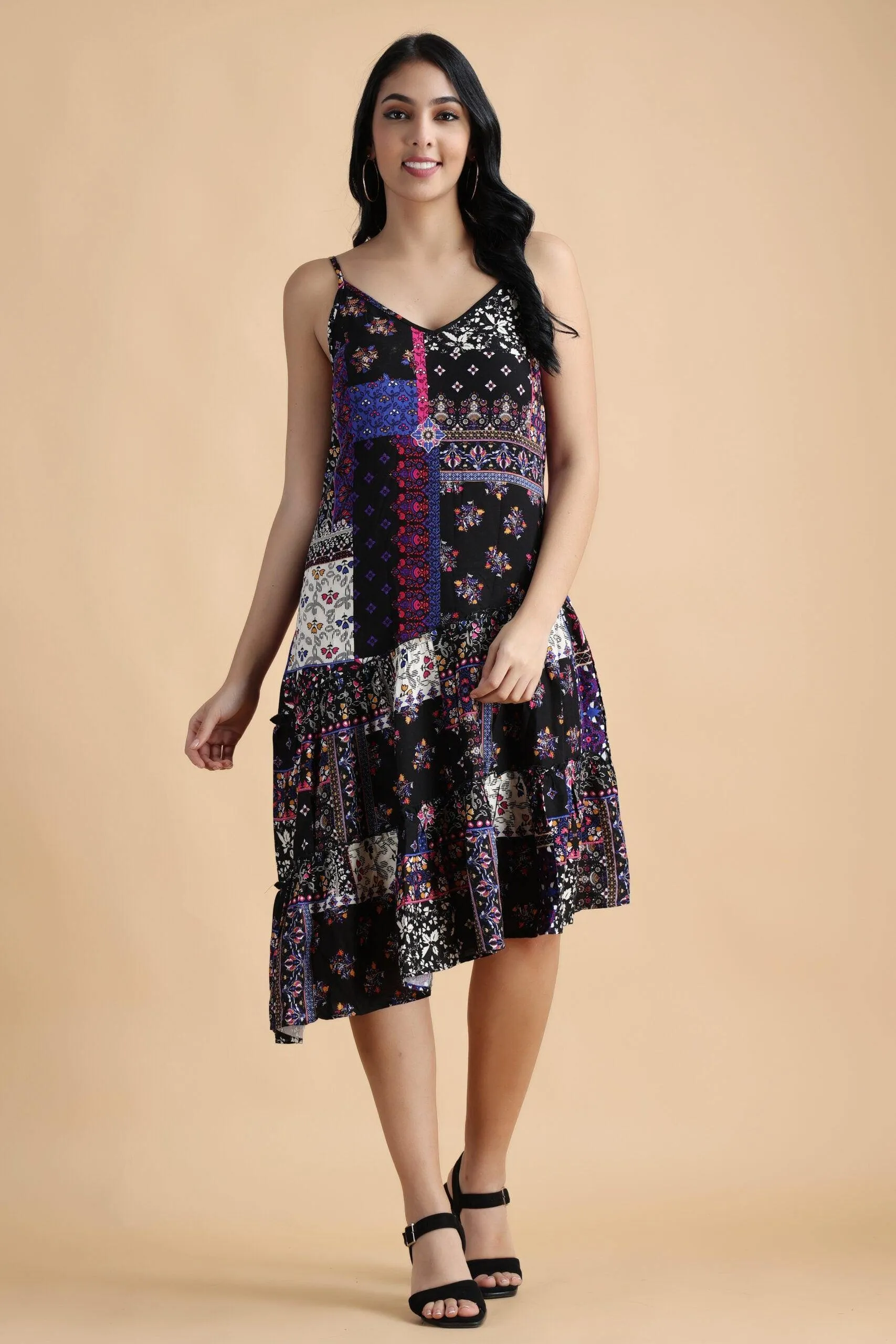 Black Floral Patch Printed Asymmetric Dress