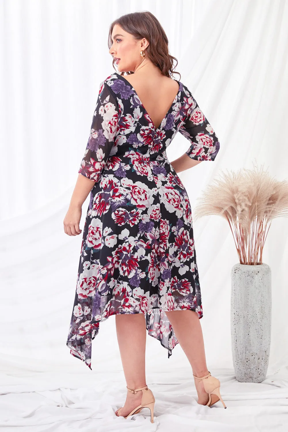 Black Floral Print Plus Size Midi Dress