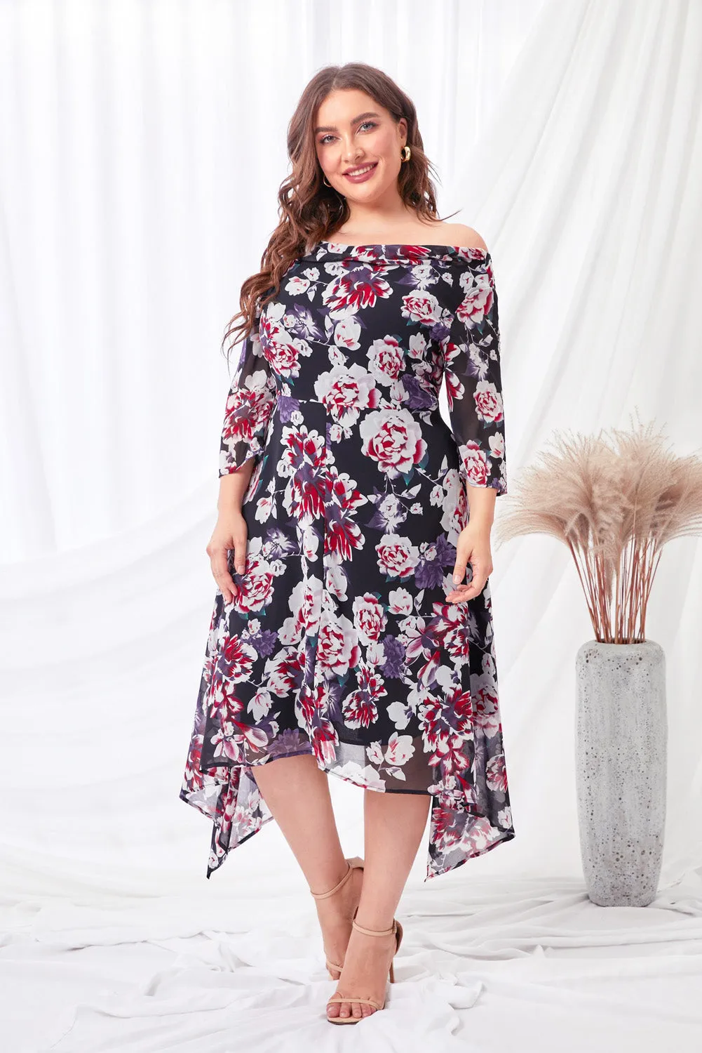 Black Floral Print Plus Size Midi Dress