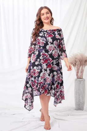 Black Floral Print Plus Size Midi Dress