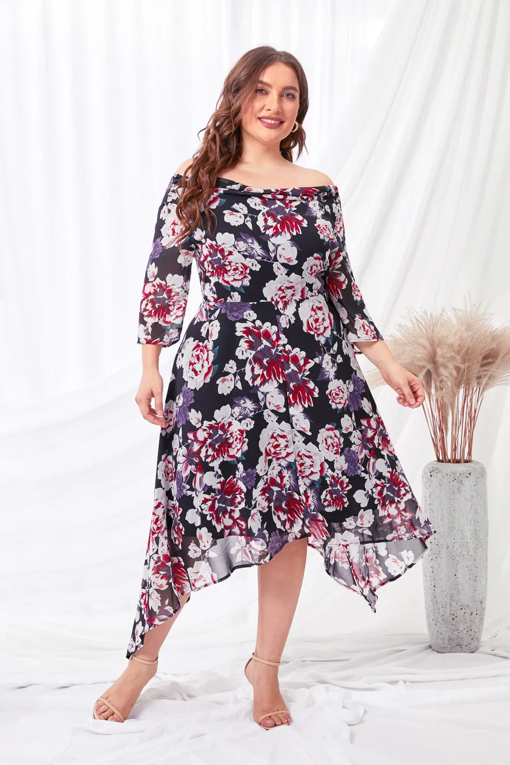 Black Floral Print Plus Size Midi Dress