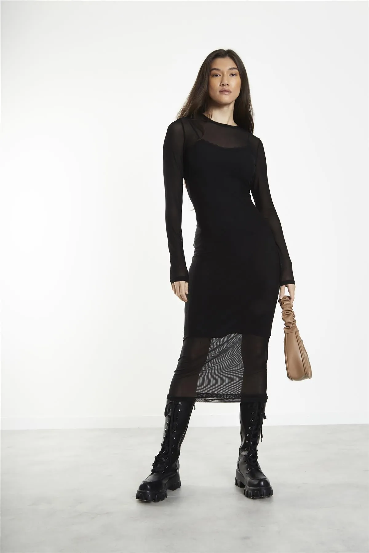 Black Mesh Crew Neck Midi-Dress