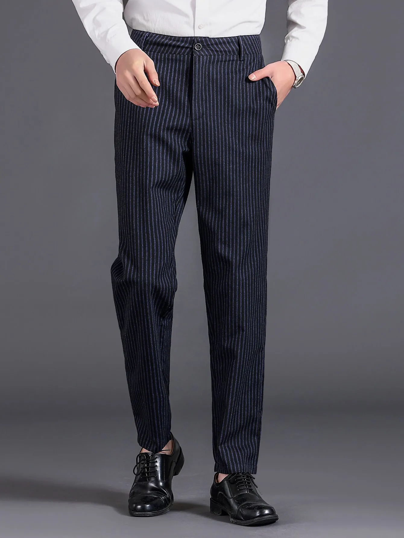 Black Striped Print Slant Pocket Tailored Pants