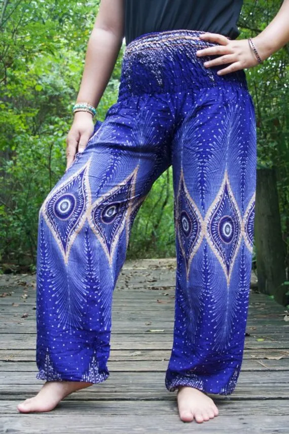 Blue PEACOCK Eye Women Boho Pants Hippie Pants