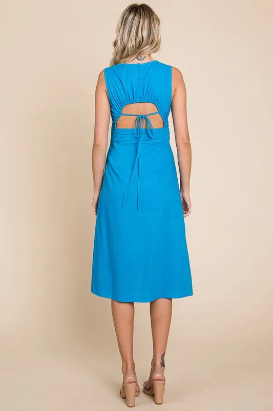 Blue Sleeveless Tied Backless Pleated Midi Linen Dress