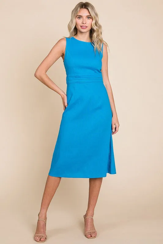 Blue Sleeveless Tied Backless Pleated Midi Linen Dress