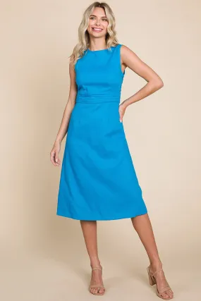 Blue Sleeveless Tied Backless Pleated Midi Linen Dress