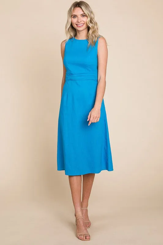 Blue Sleeveless Tied Backless Pleated Midi Linen Dress