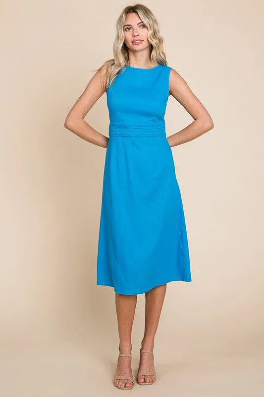 Blue Sleeveless Tied Backless Pleated Midi Linen Dress