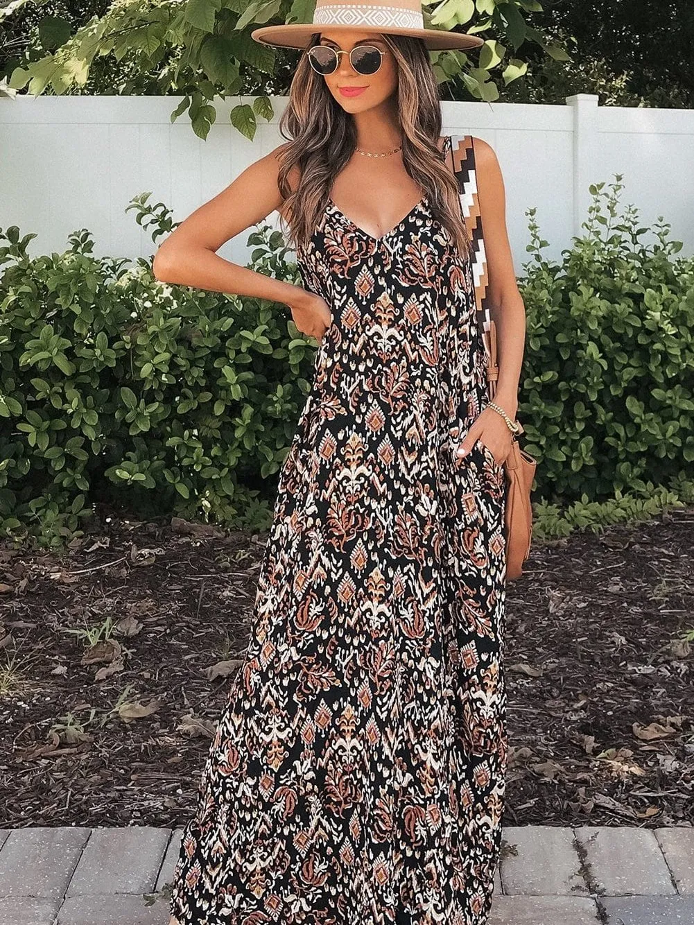 Bohemian Black Floral Print Maxi Dress with V Neck and Spaghetti Straps