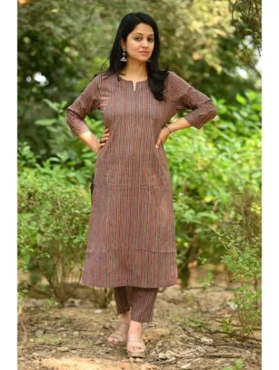 Brown Cotton Anarkali Kurti, Pant and Quilted Cotton jacket (Set of 3)