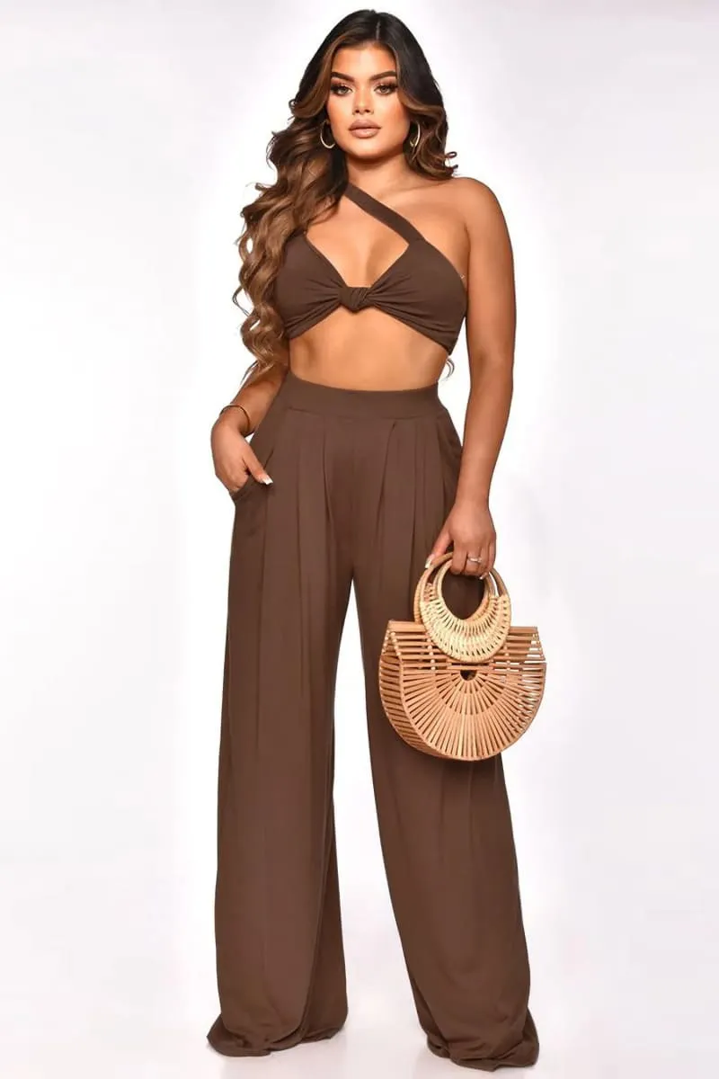 Brown Two Piece Palazzo Pants And Crop Top