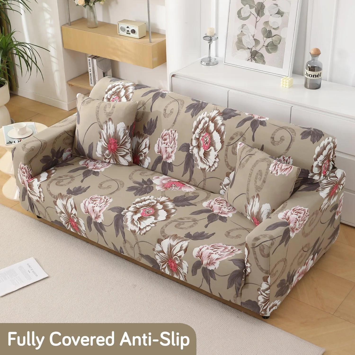 Buff Brown Geum Printed Stretchable Sofa Cover