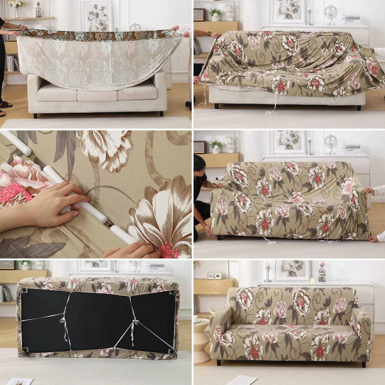 Buff Brown Geum Printed Stretchable Sofa Cover