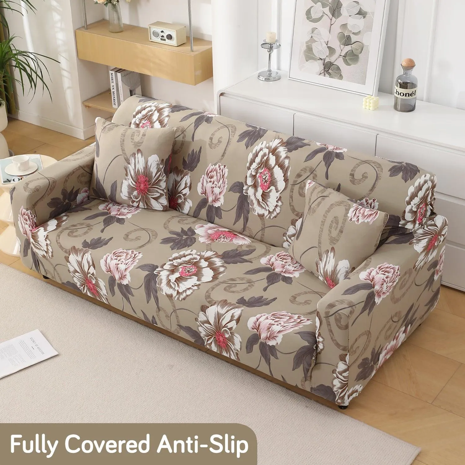 Buff Brown Geum Printed Stretchable Sofa Cover