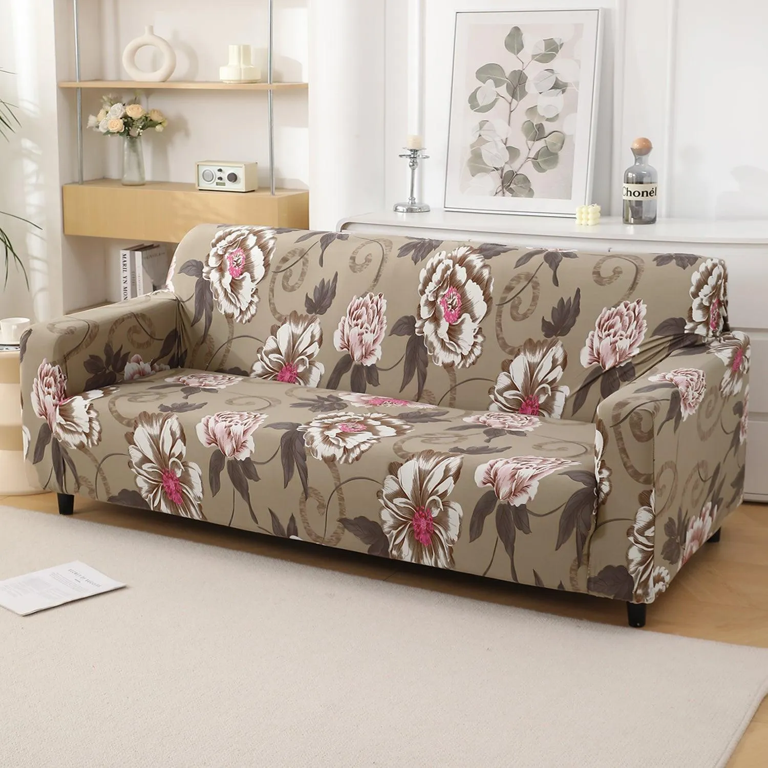 Buff Brown Geum Printed Stretchable Sofa Cover