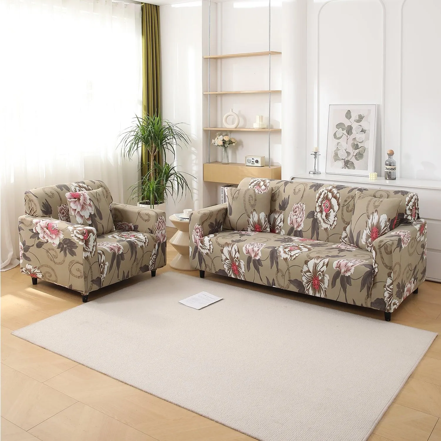 Buff Brown Geum Printed Stretchable Sofa Cover