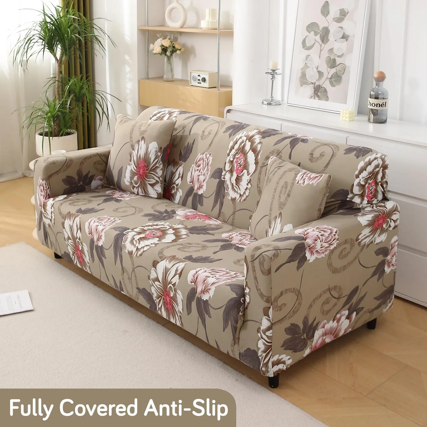 Buff Brown Geum Printed Stretchable Sofa Cover