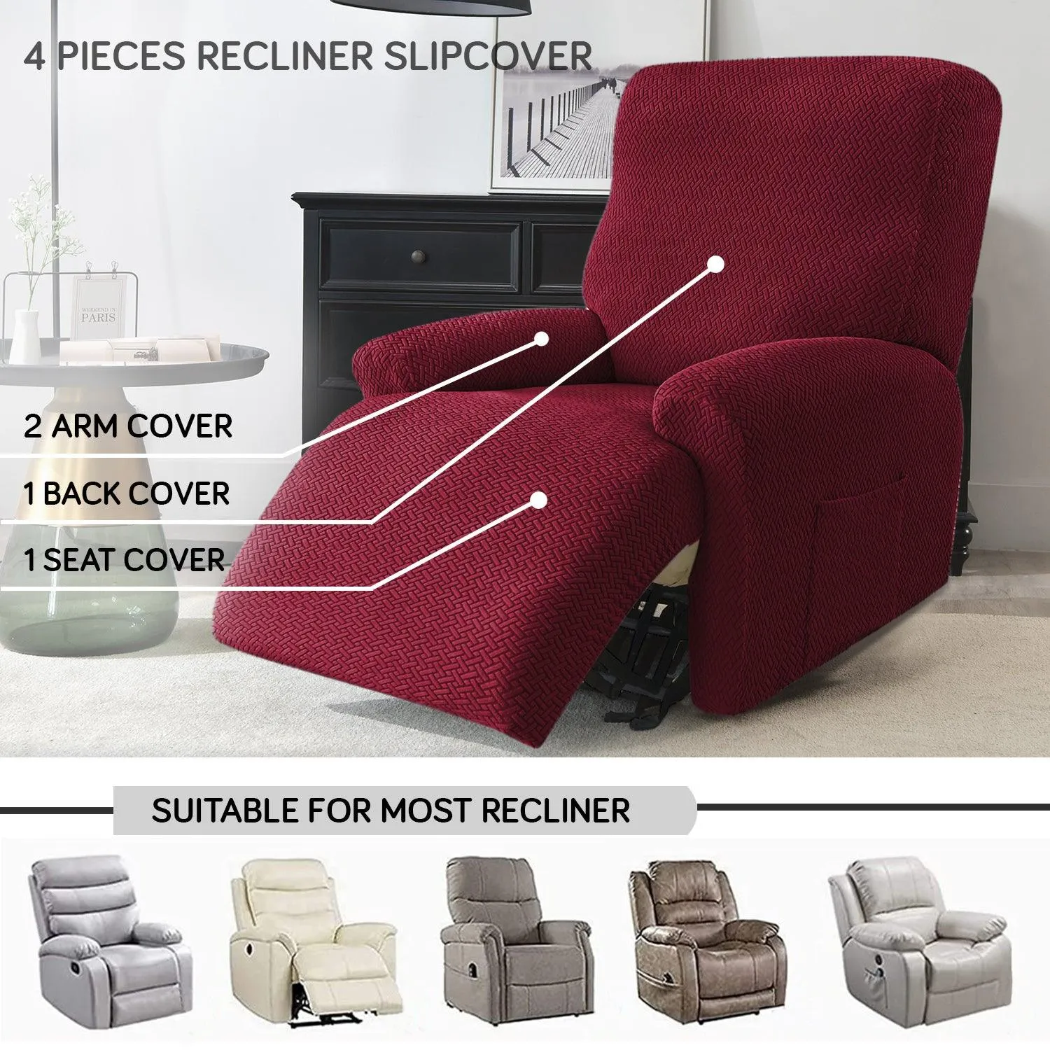 Burgundy Jacquard Recliner Sofa Cover | Non-Slip & Full Fitted