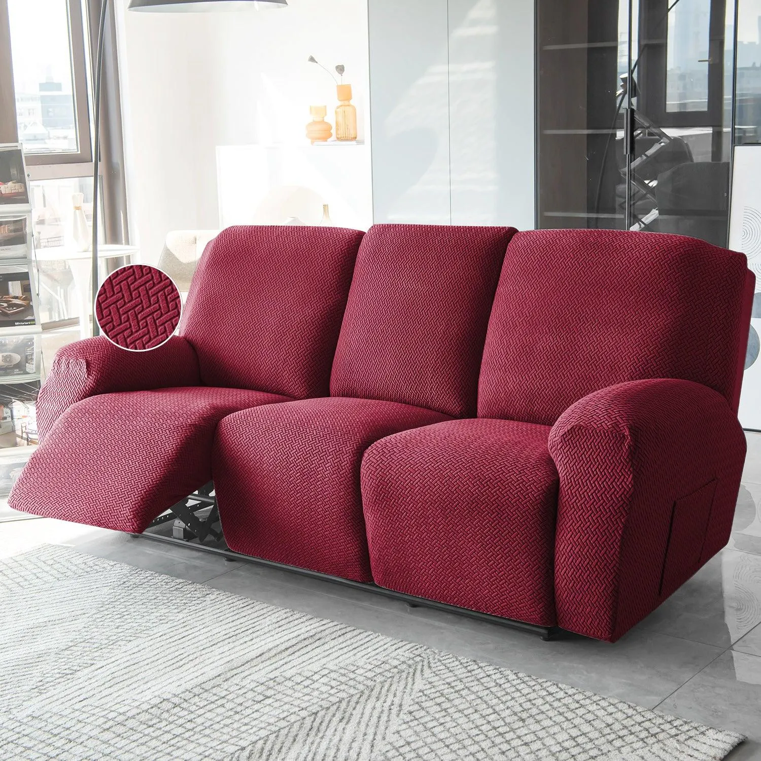 Burgundy Jacquard Recliner Sofa Cover | Non-Slip & Full Fitted