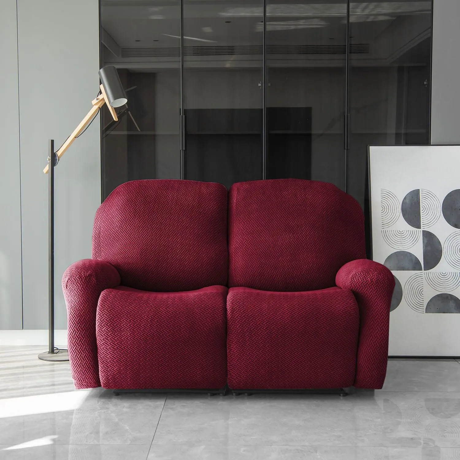 Burgundy Jacquard Recliner Sofa Cover | Non-Slip & Full Fitted