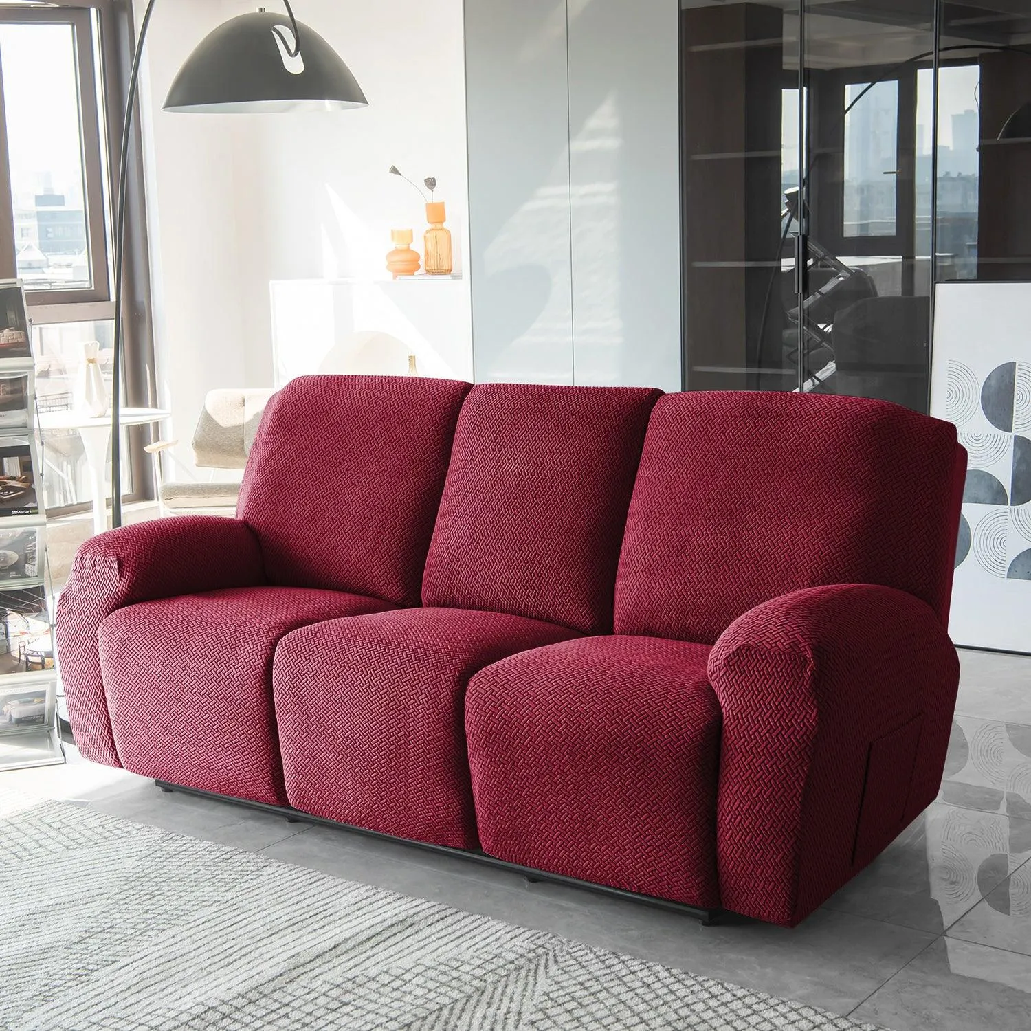 Burgundy Jacquard Recliner Sofa Cover | Non-Slip & Full Fitted