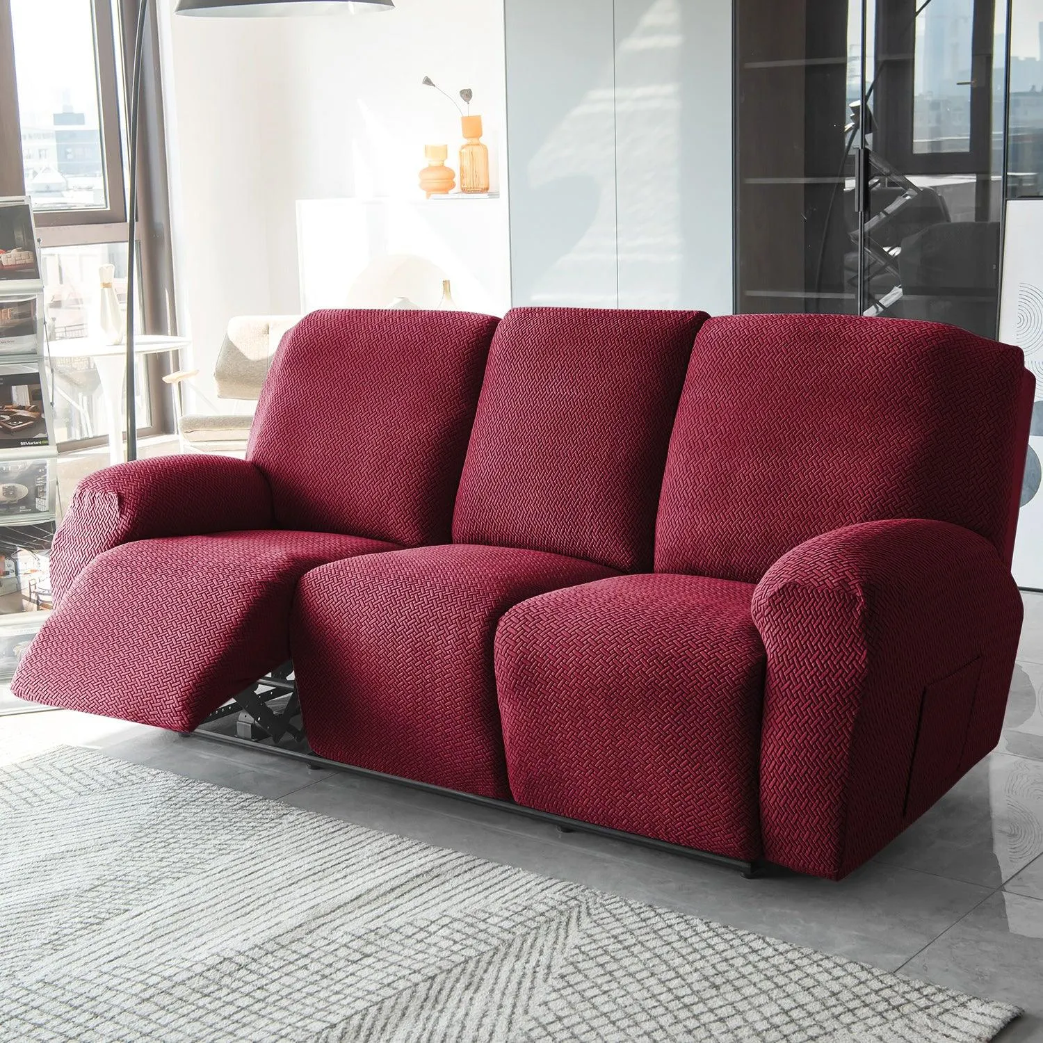 Burgundy Jacquard Recliner Sofa Cover | Non-Slip & Full Fitted