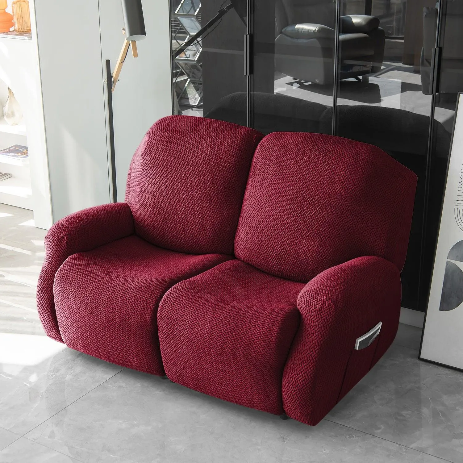 Burgundy Jacquard Recliner Sofa Cover | Non-Slip & Full Fitted