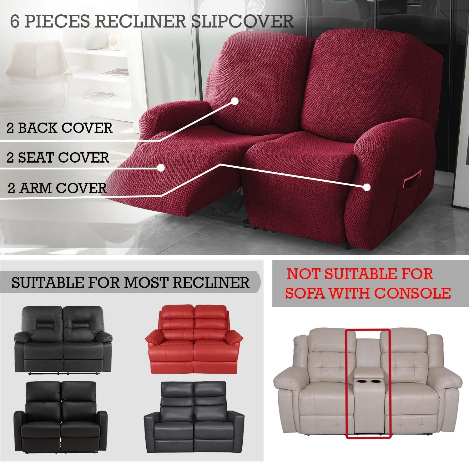 Burgundy Jacquard Recliner Sofa Cover | Non-Slip & Full Fitted