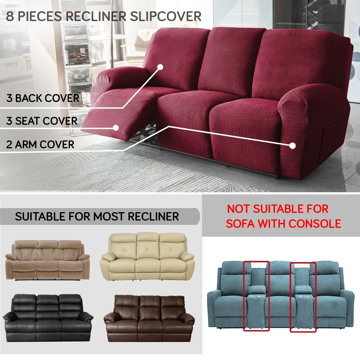 Burgundy Jacquard Recliner Sofa Cover | Non-Slip & Full Fitted