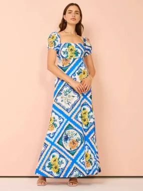 By Nicola Mariposa Puff Sleeve Maxi in Azure Floral