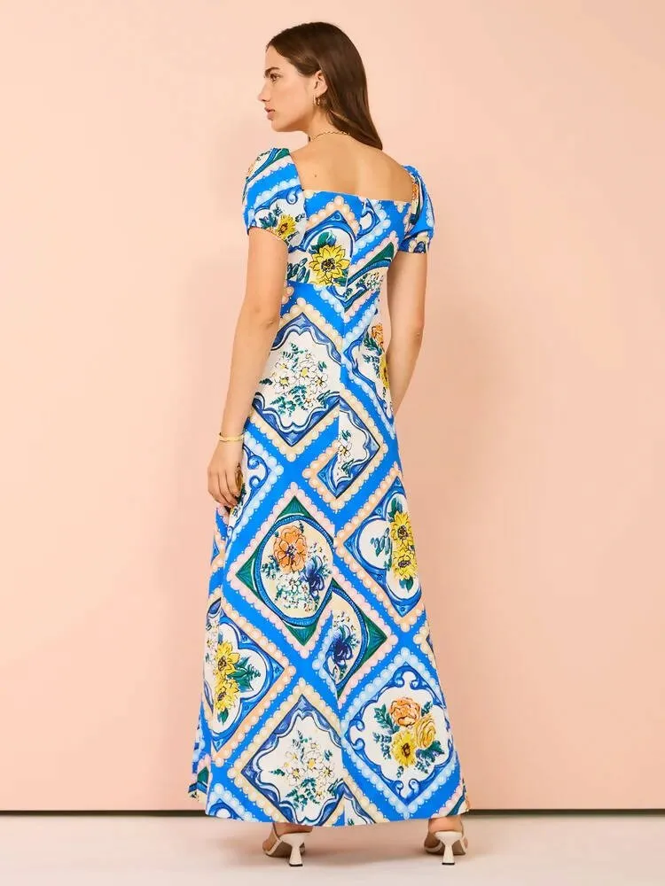 By Nicola Mariposa Puff Sleeve Maxi in Azure Floral