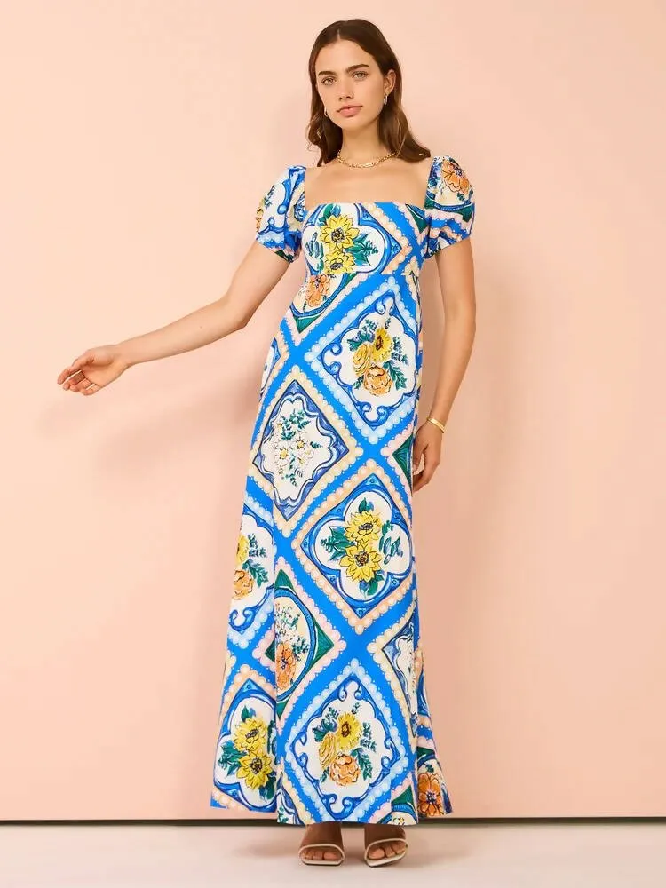 By Nicola Mariposa Puff Sleeve Maxi in Azure Floral