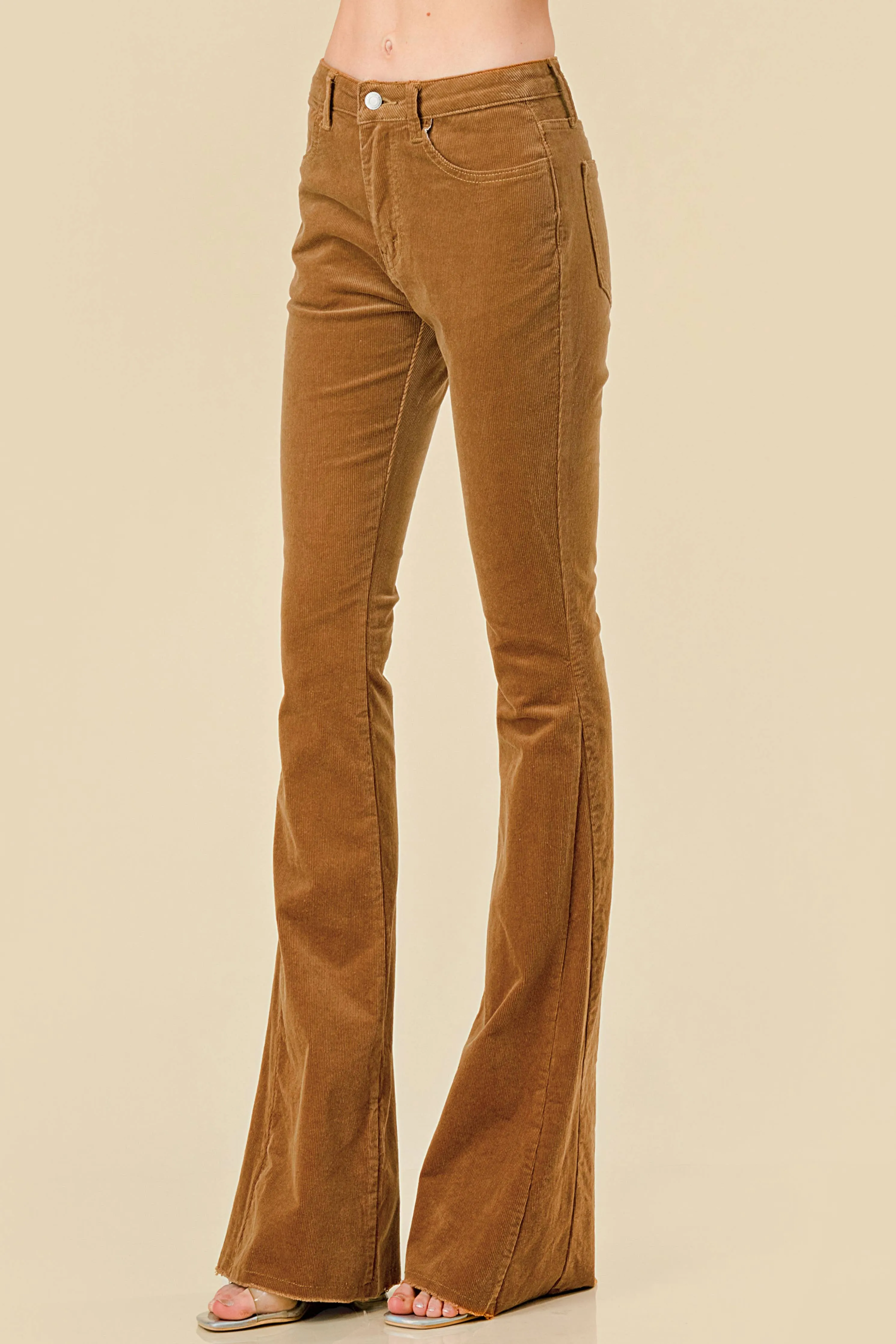 CAMEL CORD FLARES W/DISTRESSED HEM (BOOTCUT)