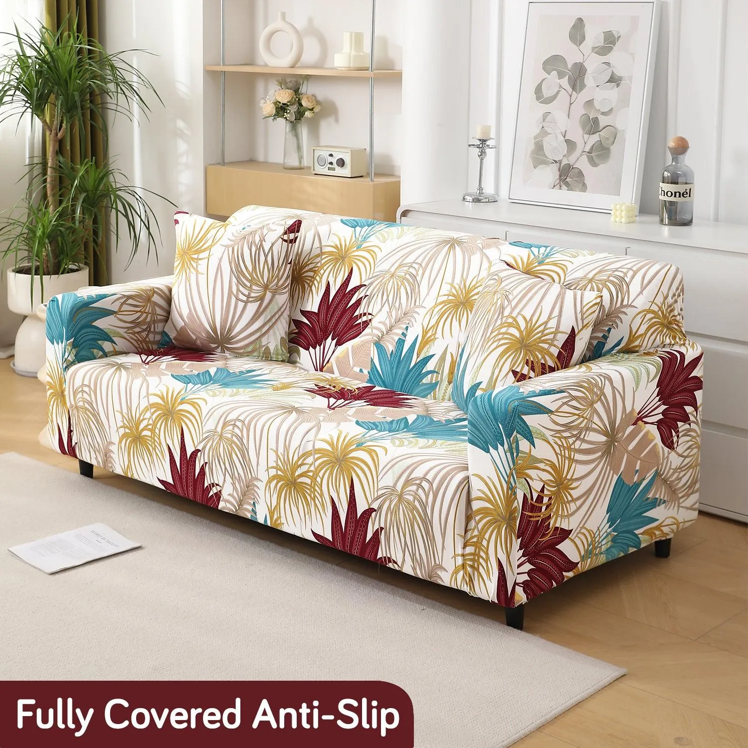 Cane Beige Ferns Printed Elastic Sofa Cover