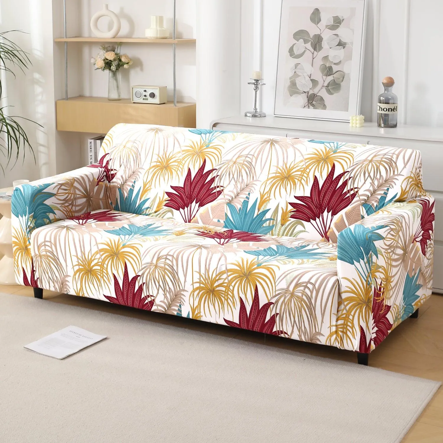 Cane Beige Ferns Printed Elastic Sofa Cover