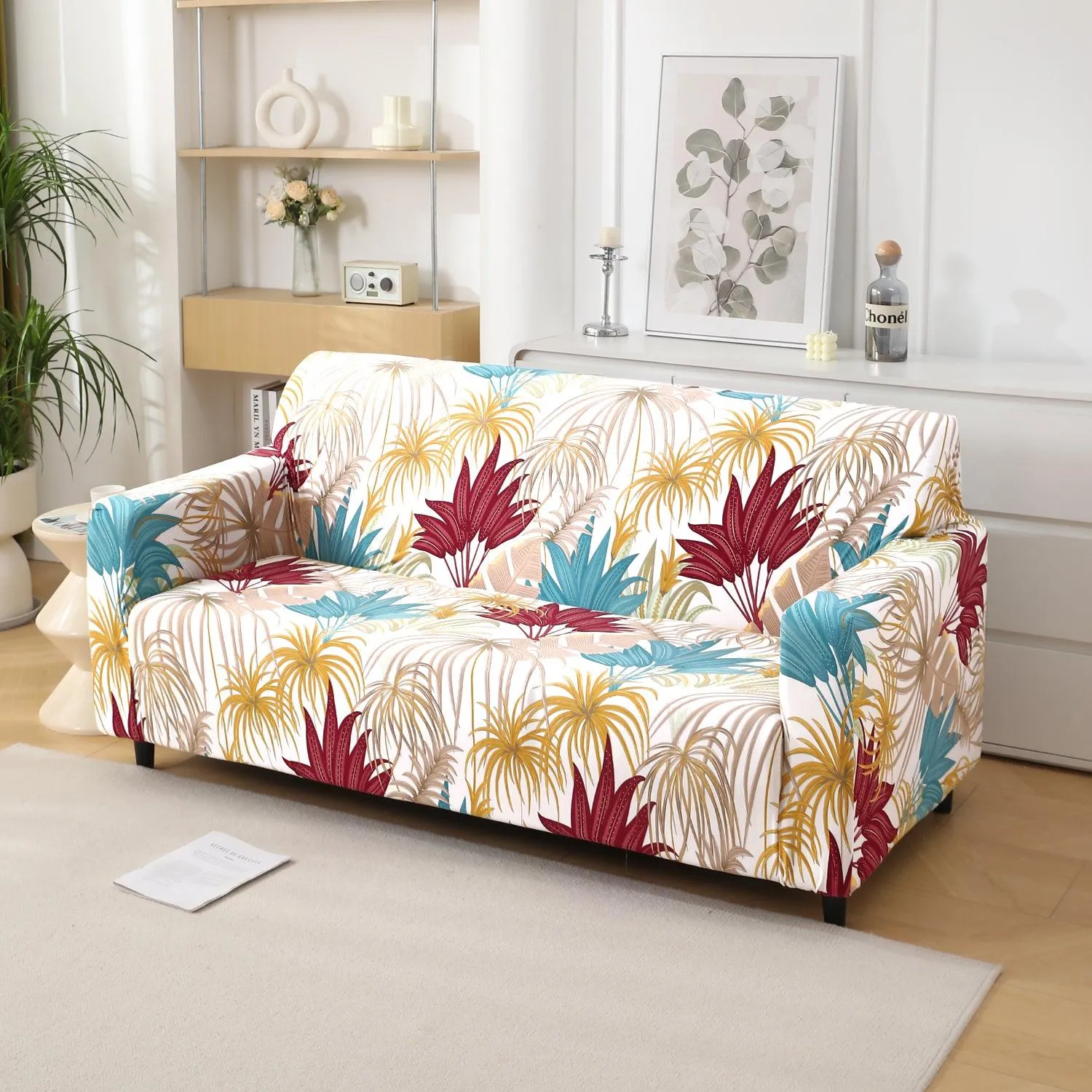 Cane Beige Ferns Printed Elastic Sofa Cover