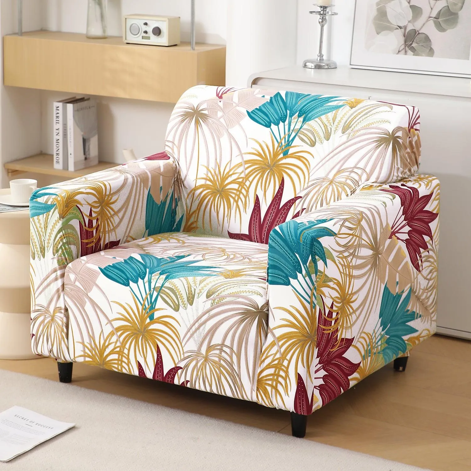 Cane Beige Ferns Printed Elastic Sofa Cover