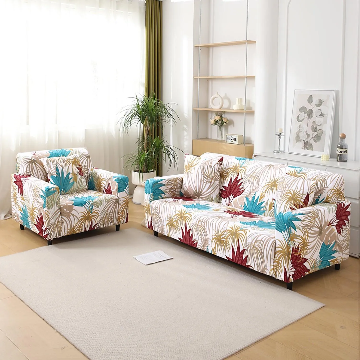 Cane Beige Ferns Printed Elastic Sofa Cover